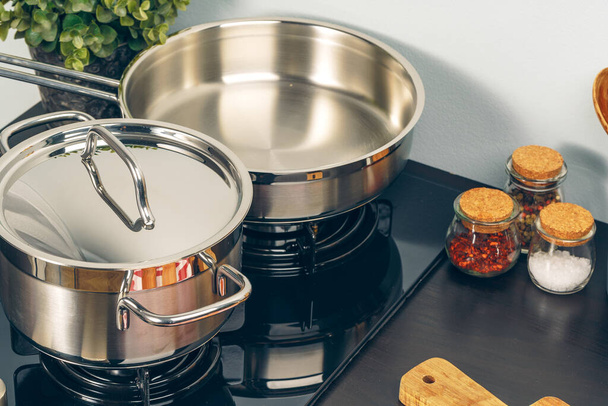 Clean saucepan on a gas stove in kitchen - Valokuva, kuva