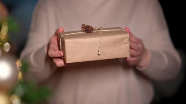 Kobiece ręce trzymające zapakowane pudełko z prezentami. Mały prezent w kobiecych rękach. Płytka głębokość z naciskiem na pudełko. Prezent od osoby, niespodzianka. Pakowanie świąteczne, pakowanie. Wesołych Świąt koncepcja - Materiał filmowy, wideo