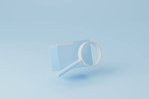 File folder and magnifying glass on light blue background. Searching information data on internet networking concept. 3d illustration - Photo, Image