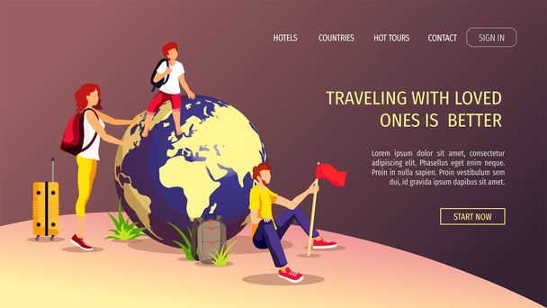 Banner ontwerp voor ontdekking, World Tourism Day, reisbureau en gelukkig gezin. Ouders met zoon op de wereld. Vector illustratie voor banner, poster, flyer, commerciële, reclame.  - Vector, afbeelding