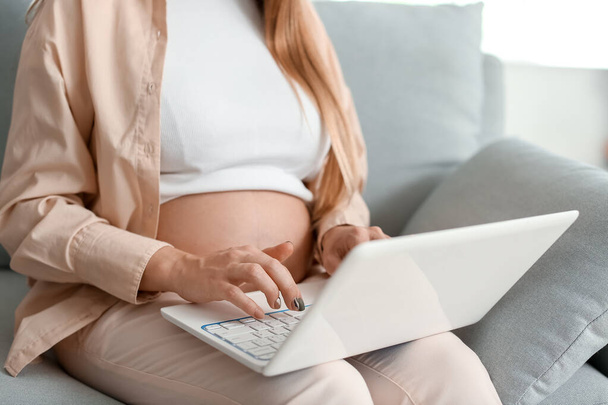Mujer embarazada joven usando el ordenador portátil en el sofá en casa - Foto, Imagen