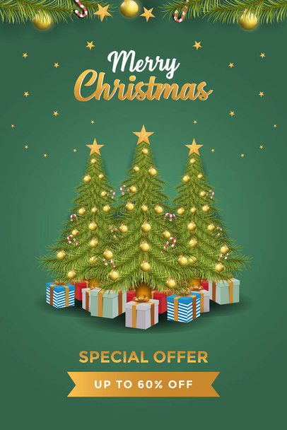 christmas sale poster design with pine tree, gift boxes, lamps, stars, and christmas ornament - Vector, Image