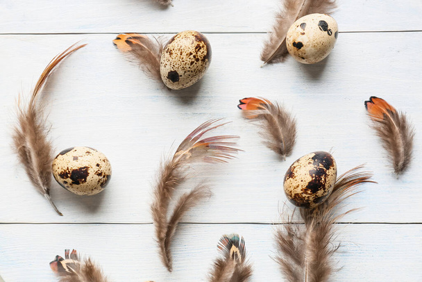 Красиве фазанське пір'я та яйця на білому дерев'яному фоні
 - Фото, зображення