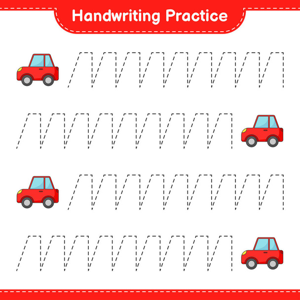Handschrift oefenen. Traceerlijnen van de auto. Educatieve kinderen spel, Werkblad afdrukken, vectorillustratie - Vector, afbeelding