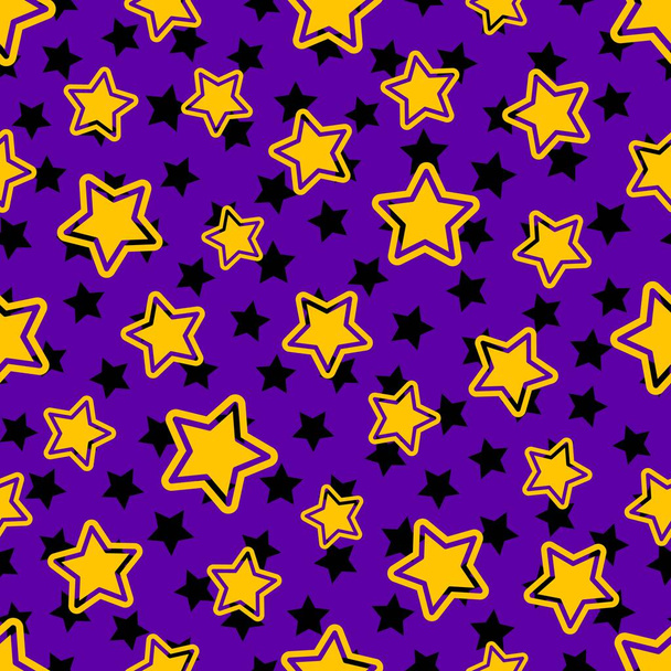 Golden and small black stars on purple sky seamless pattern background - Vector, Image