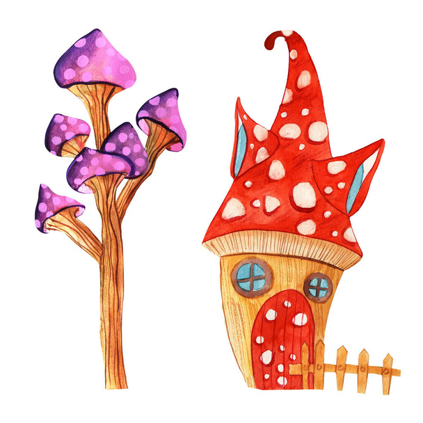 Akvarell Fantasy Gnome ház, kis ház. Gnome házak ikonok, rajzfilm fantázia épület növényekből. Tündér, törpe vagy manó aranyos otthonok, gomba, csonk és pot elszigetelt készlet - Fotó, kép