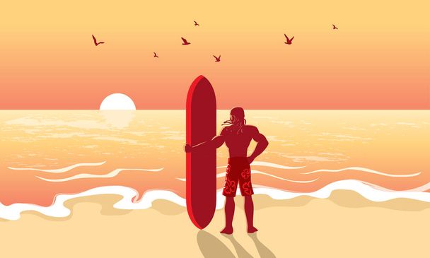 Un uomo che tiene una tavola da surf vicino alla spiaggia. Vettore. Con tramonto spiaggia scena. - Vettoriali, immagini