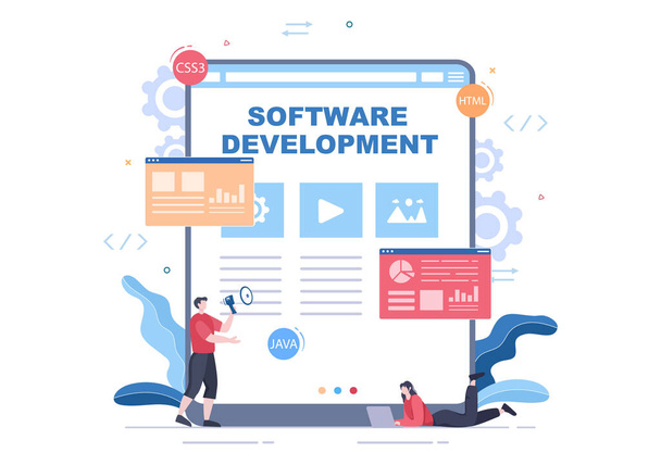 Software Development and Programming Code on Computer Vector Illustration for Technology, Engineer Team, codering, marketingmateriaal, business en presentatie - Vector, afbeelding