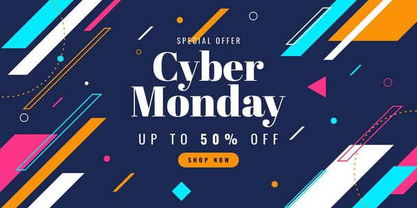 Cyber Monday sale banner template design with blue light effect on dark background for advertising poster or business promotion - Διάνυσμα, εικόνα