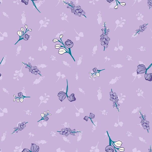 Delphinium flowers seamless vector pattern on pastel purple background - Vecteur, image