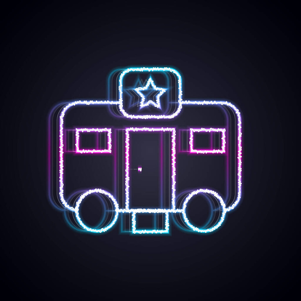 Glowing neon line Machine trailer dressing room for actors icon isolated on black background. Movie crew rest room. Star sleeping place. Film vehicle.  Vector. - Vektori, kuva