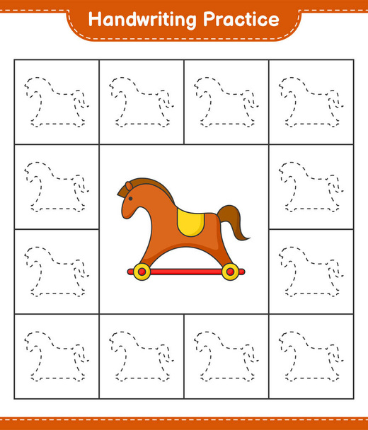 Handschrift oefenen. Traceerlijnen van Rocking Horse. Educatieve kinderen spel, Werkblad afdrukken, vectorillustratie - Vector, afbeelding