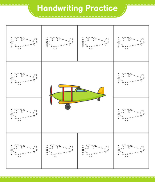 Kézírás gyakorlat. A repülő nyomkövető vonalai. Oktatási gyermek játék, nyomtatható munkalap, vektor illusztráció - Vektor, kép