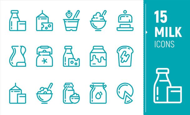 Set of contour milk icons, flat icons, milk bag, jug, butter, cottage cheese, cheese. Production of dairy products. Farm food icons. - Vector, Image