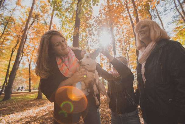 Madre y abuela e hija sostiene jack russell terrier y juega con él en otoño afuera. Concepto de mascotas y familia - Foto, imagen