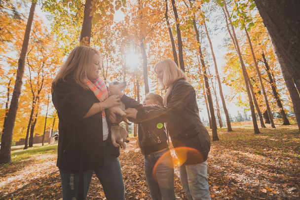 Grandmother and mother with granddaughter having fun with dog in autumn season. Generation, leisure and family concept - Foto, imagen