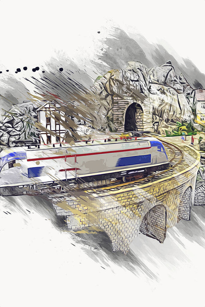 Train électrique touristique, tunnel et village polonais en arrière-plan, Pologne, art ilustration vintage rétro antique, modèle, miniature - Photo, image
