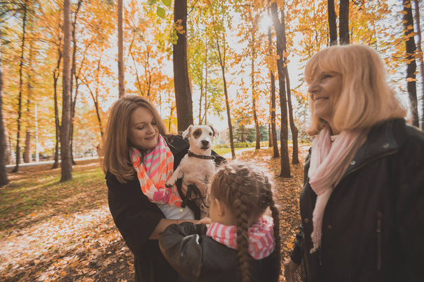 Grand-mère et mère avec petite-fille s'amuser avec le chien en saison d'automne. Génération, loisirs et concept familial - Photo, image