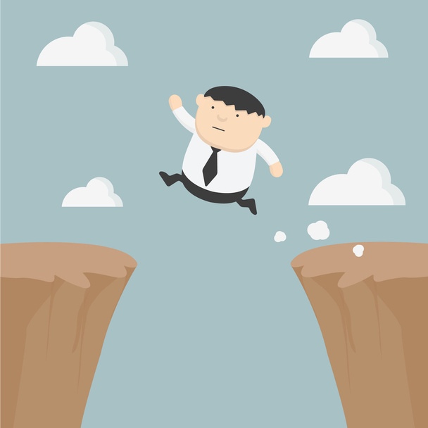 Fat businessman jumping over gap - Vector, Image