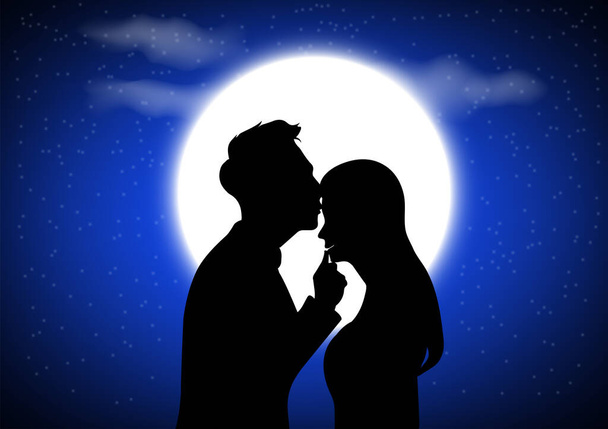 grafica immagine disegno Uomo e donne silhouette con la luna piena sfondo concetto amore romantico vettore illustrazione - Vettoriali, immagini