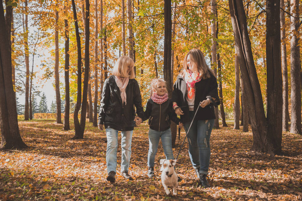 Grand-mère et mère avec leur petite-fille se promènent ensemble dans le parc d'automne et s'amusent. Génération, loisirs et concept familial. - Photo, image