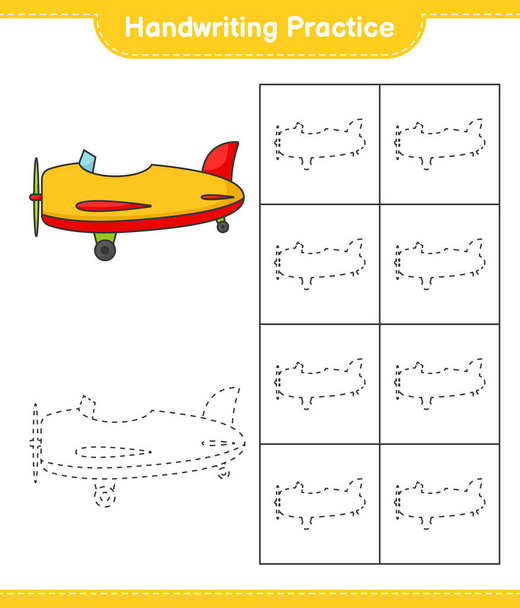 Prática de caligrafia. Rastreando linhas de Avião. Jogo de crianças educativas, planilha imprimível, ilustração vetorial - Vetor, Imagem