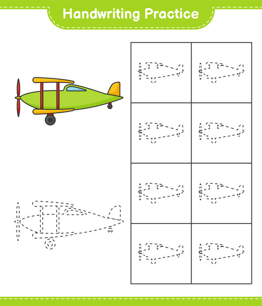 Kézírás gyakorlat. A repülő nyomkövető vonalai. Oktatási gyermek játék, nyomtatható munkalap, vektor illusztráció - Vektor, kép