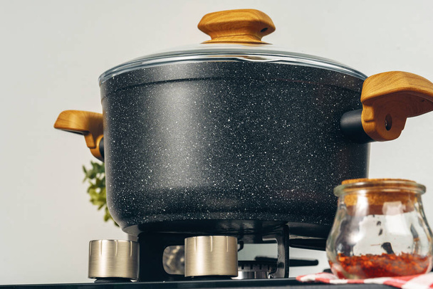 Clean saucepan on a gas stove in kitchen - Fotografie, Obrázek