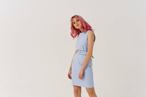 cheerful pink haired woman fashion glamor light background - 写真・画像