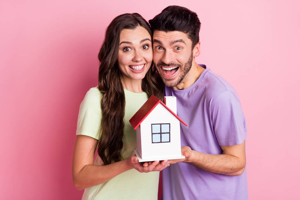 Portrait of lovely amazed cheerful couple embracing holding home credit loan bank isolated on pink pastel color background - Foto, afbeelding