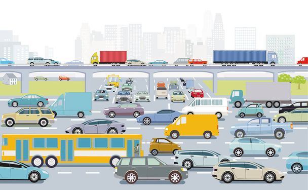 Großstadt im Berufsverkehr mit einer Kreuzung im Stau und öffentlichen Verkehrsmitteln Illustration - Vektor, Bild
