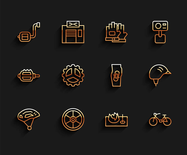 Set line Casco de bicicleta, rueda, pedal, en la rampa de la calle, manivela piñón, y el icono de la pierna de yeso. Vector - Vector, Imagen