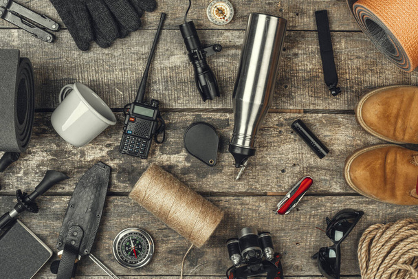 travel hiking equipment tools, view from above - Fotó, kép