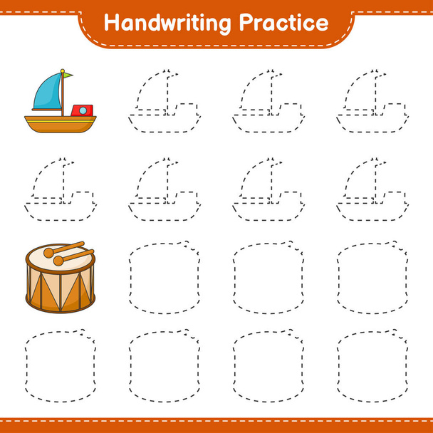 Handschrift oefenen. Traceerlijnen van Boat en Drum. Educatieve kinderen spel, Werkblad afdrukken, vectorillustratie - Vector, afbeelding