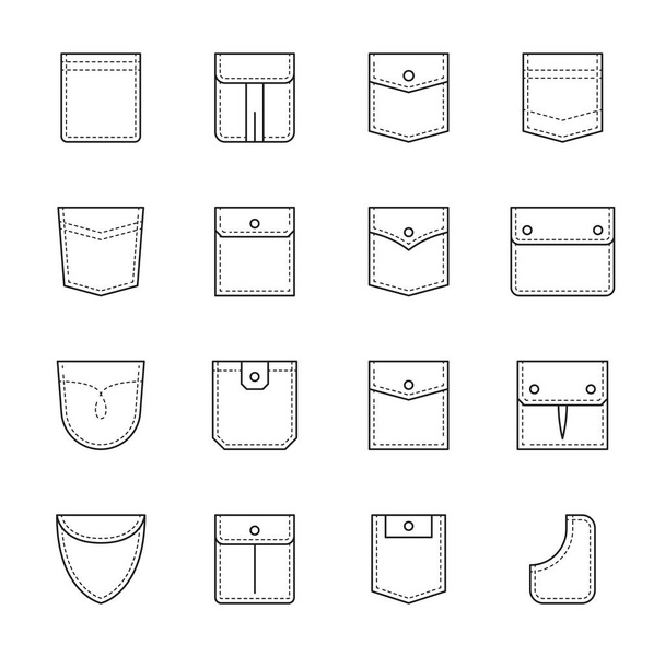 Patch pocket. Uniform clothes pockets with seam and flap. Jacket, woman and men denim or jean pants and casual shirt outline vector different shape pockets set with button, seam, stitch and sewing - Vector, Image