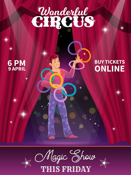 Shapito circus poster, cartoon juggler on big top tent stage with curtains and spotlight. Vector announcement flyer, artist character dressed in costume throwing rings. Magic show tricks, performance - Vector, Image