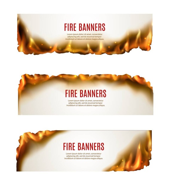 Palo bannerit vektorin polttava paperi palanut reunat, kuuma punainen tulipalo liekit, kipinöitä ja savua. Paperi sivut tai pergamentti realistinen Blaze rajoja kausiluonteinen alennus myynninedistäminen suunnittelu - Vektori, kuva