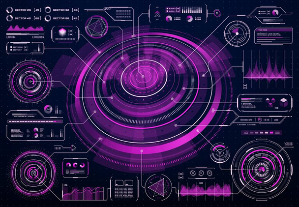 HUD futuristinen violetti käyttöliittymä, infografiikka big data info kaavioita tai pyöreä vektori kaavio. Tekoäly tietokone ohjelma käyttöliittymä, Business Information visualisointi - Vektori, kuva