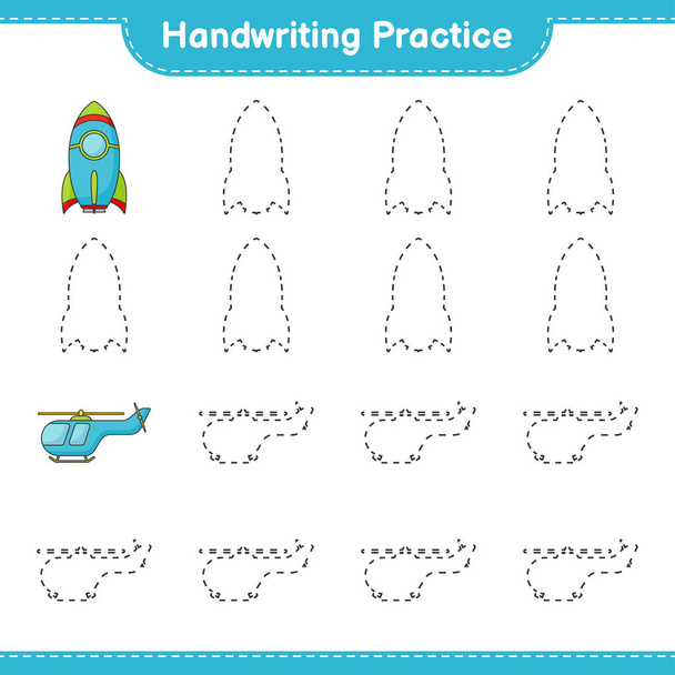 Handwriting practice. Tracing lines of Rocket and Helicopter. Educational children game, printable worksheet, vector illustration - Vector, Image