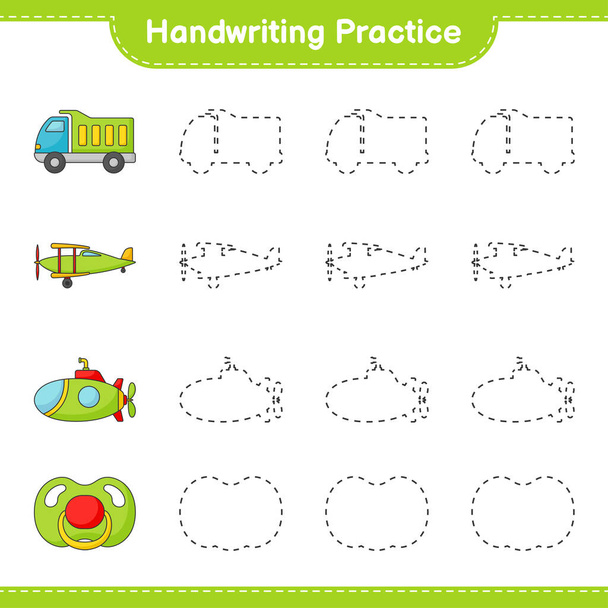 Handwriting practice. Tracing lines of Lorry, Plane, Submarine, and Pacifier. Educational children game - Vector, Image