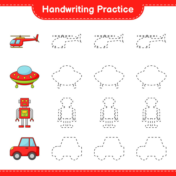 手書きの練習。ヘリコプター、 UFO 、ロボットキャラクター、車のトレースライン。教育的な子供ゲーム - ベクター画像