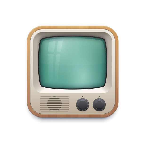 Retro TV képernyő interfész ikon multimédia vagy televíziós alkalmazás vektor tervezés. Izolált üveg monitor vintage cső tv-készülék gombbal és fa tok, 3D gomb web alkalmazás ui vagy gui - Vektor, kép