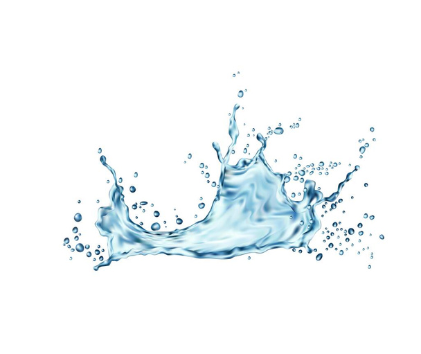 Przezroczysta fala niebieskiej wody rozpryskuje się kroplami. Spadający niebieski aqua, czysty płyn lub realistyczny wektor świeża woda zamrożony ruch splash z kropelek i pęcherzyków, czysta woda spray - Wektor, obraz