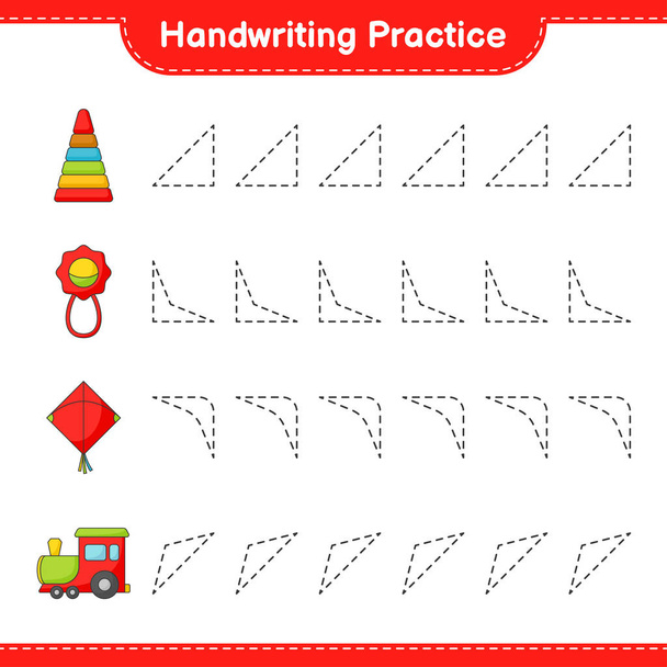 Handwriting practice. Tracing lines of Pyramid Toy, Baby Rattle, Kite, and Train. Educational children game - Vector, Image