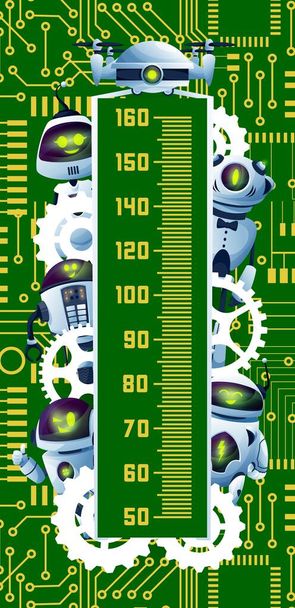 Kids height chart, cartoon robots and circuit board. Cute ai drones and humanoid androids. Vector growth measure meter wall sticker with scale for children height measurement with bots and droids - Vector, Image