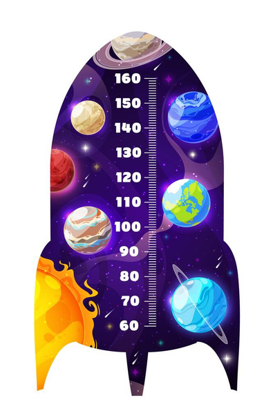 Carte de taille des enfants de fusée spatiale de dessin animé et des planètes. Compteur de croissance de galaxie vectorielle avec échelle de règle, Terre, Soleil, Jupiter et Saturne, étoiles et comètes, autocollant mural de stadiomètre pour enfants - Vecteur, image