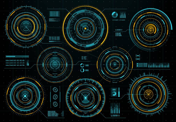HUD futuristic circular interface screen panels, sci-fi web interface, business infographic visual data. Vector aim or navigation optical round aiming, spaceship dashboard neon glowing elements set - Vector, Image