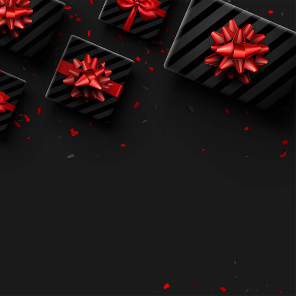 Black striped gift box with red bow. Black and red confetti. Space for text. Vector illustration. - Διάνυσμα, εικόνα