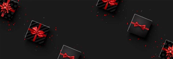 Square black polka-dot and striped gift box with red bow. Black and red confetti. Space for text. Vector illustration. - Vector, Image