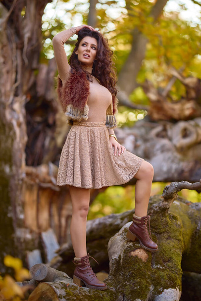 a beautiful woman posing on a log of an old tree in autumn, the colors of autumn - 写真・画像